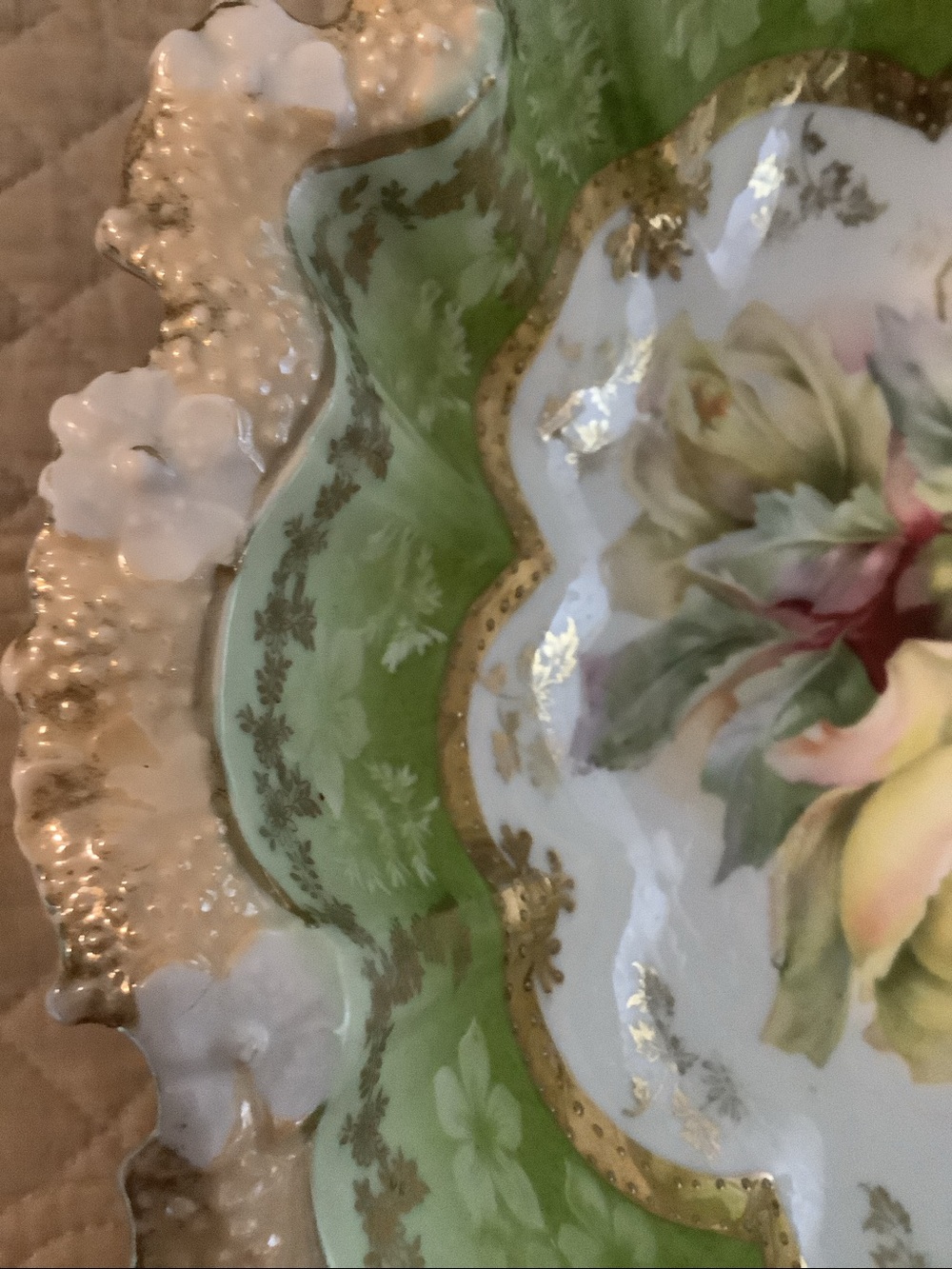 RS Prussia Hand-Painted Floral Porcelain Bowl in Green and Yellow with Gold Trim - Picture 3 of 7